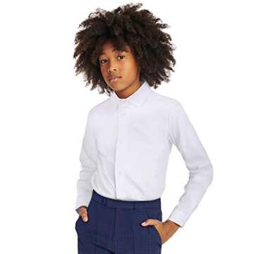 Calvin Klein Boys' Long Sleeve Slim Fit Dress Shirt, Button-Down Style with Buttoned Cuffs & Shirttail Hem, White, 14 Husky