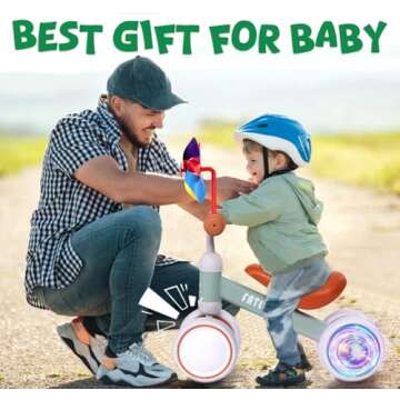 Colorful Lighting Baby Balance Bike Toys for 1 Year Old Boys Girls, 10-24 Months Toddler Balance Bike with Rainbow Pinwheels, 4 Wheels Pre-School First Ride On Toys, Best First Birthday Gifts,Green