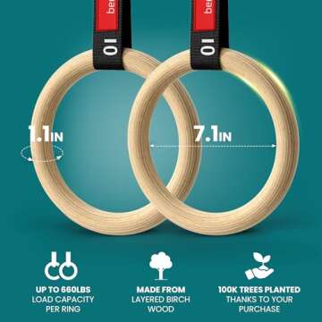 BeMaxx Gymnastic Rings Set Wood + Door Anchor Attachment, Exercise eBook & Safety Straps + Length Markings | Wooden Olympic Gym Gymnastics Athletic Fitness | Home Workout Muscle Training