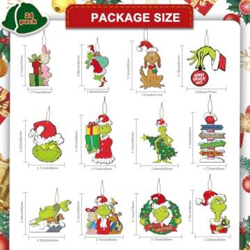 Saymkpesd 24PCS Grinchs Wooden Christmas Ornaments Set,Cute Hanging Decorations with Twine for Christmas Tree,Party,Home Decor