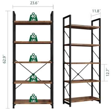 Shintenchi Bookshelf, 5 Tier Bookshelf, Tall Bookcase Shelf for CDs/Movies/Books, Home Office Bookcase Shelf Storage Organizer, Modern Book Shelf for Bedroom/Living Room/Home Office, Rustic Brown