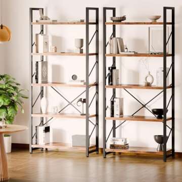 Shintenchi Bookshelf, 5 Tier Bookshelf, Tall Bookcase Shelf for CDs/Movies/Books, Home Office Bookcase Shelf Storage Organizer, Modern Book Shelf for Bedroom/Living Room/Home Office, Rustic Brown