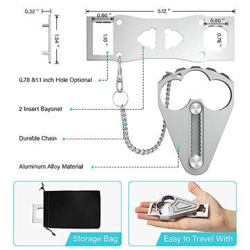 Portable Door Lock for Hotel Door Safety- Metal Hotel Door Locks for Travelers Security-Travel Door Lock Latches & Bolts for Additional Safety Prevent Unauthorized Entry, Silver