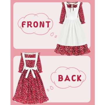 Aoiviss Pioneer Girls Dress Floral Colonial Prairie Costumes for Little Kids with Apron and Bonnet, Dark Red