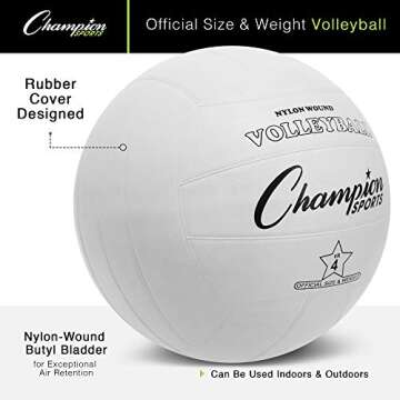 Champion Sports Rubber Volleyball, Official Size, for Indoor and Outdoor Use - Durable, Regulation Volleyballs for Beginners, Competitive, Recreational Play - Premium Equipment - White, VR4