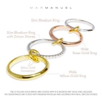 MAR MANUEL - Stackable Rings for Women Made of Durable 14kt 0.5 Micron Gold & Silver-Plated Brass with Zircon Stones, Elegant 0.5 Micron Stacking Rings, Trendy Ring Set, Size 7.5