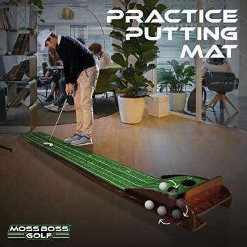 Moss Boss Golf Practice Putting Mat and Putting Tutor - Indoor Golf Putting Green with 2 Holes and Return Track for Practicing at Home or in The Office - Golf Accessories for Men - Gift for Golfers