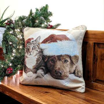 Tache Christmas Throw Pillow Cover - 1 Piece Tabby Cat Labrador Retriever Dog in Santa Hat Christmas Companions Holiday Festive Decorative Square Couch Tapestry Cushion Covers