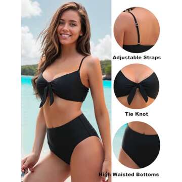 Blooming Jelly Womens High Waisted Bikini Set Tie Knot High Rise Two Piece Swimsuits Bathing Suits (large, black)