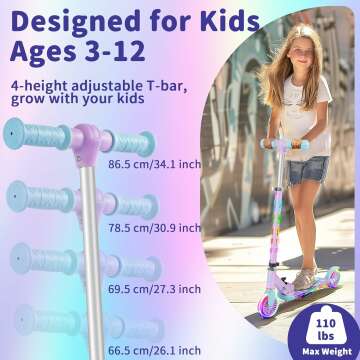 BELEEV V3 Scooter for Kids with Light-Up Wheels & Stem & Deck, 2 Wheel Folding Scooter for Girls Boys, 4 Adjustable Height, Lightweight Kick Scooter with Handy Kickstand for Children Ages 3-12