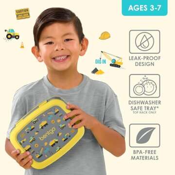 Bentgo Kids Prints Leak-Proof, 5-Compartment Bento-Style Kids Lunch Box - Ideal Portion Sizes for Ages 3-7, Durable, Drop-Proof, Dishwasher Safe, & Made with BPA-Free Materials (Construction Trucks)