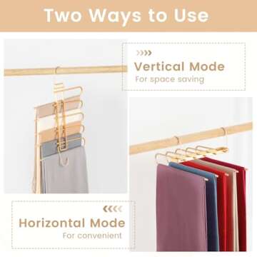 Pants Hangers Space Saving,Closet Hangers 5 Layers 2 Uses Multi Functional Pants Rack,Metal Heavy Duty Wardrobe Organizer Racks for Clothes Trousers Scarves Ties (Gold)