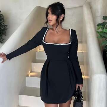 Wirunsy Summer Beach Short Wedding Dresses for Brides Plus Size 2024 Square Neck Long Sleeve Elegant Bridal Gowns Above Knee Length Black Wedding Gowns 16W