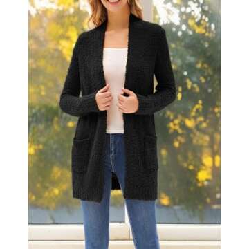 GRACE KARIN Womens Fleece Cardigan Sweaters for Women Long Sleeve Open Front Winter Popcorn Black Cardigan S