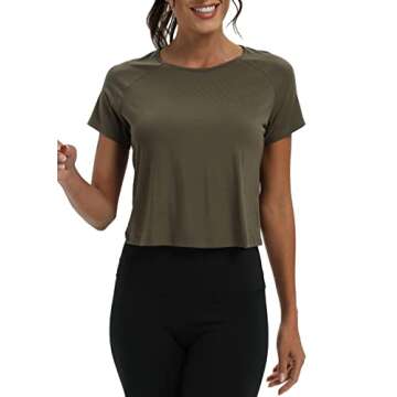 Mippo Short Sleeve Athletic Tops Workout Shirts Exercise Clothes Gym Tees Sports Running Active Wear Cute Work Out Crop Top Tshirts for Women Loose Fit Army Green M