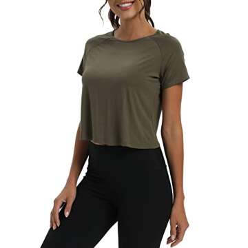 Mippo Short Sleeve Athletic Tops Workout Shirts Exercise Clothes Gym Tees Sports Running Active Wear Cute Work Out Crop Top Tshirts for Women Loose Fit Army Green M