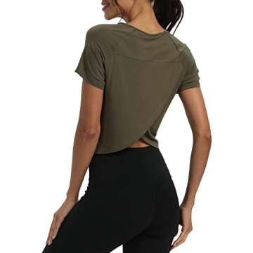 Mippo Short Sleeve Athletic Tops Workout Shirts Exercise Clothes Gym Tees Sports Running Active Wear Cute Work Out Crop Top Tshirts for Women Loose Fit Army Green M