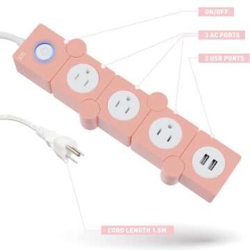 iJoy Flexible Power Strip - 3 AC Outlets and 2 USB Charging Ports with Pink Extension Cord, Power Strips with Surge Protection, Decorative Surge Protector Outlet Extender for Home, Office, and More