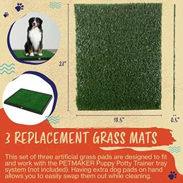 Pee Pads for Dogs - Set of Three 23x18.5-Inch Replacement Turf Grass Mats for Potty Training - Dog Housebreaking Supplies for Small Pets by PETMAKER, Green, Medium