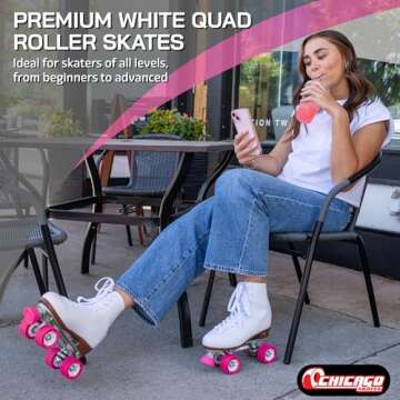 CHICAGO Skates Premium White Quad Roller Skates for Girls and Women Beginners Classic Adjustable High-Top Design for Indoor or Outdoor Skates and Roller Derby