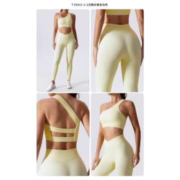 Vouxelle Fashion 2 Piece Yoga Set –V-Shaped Overlapping Folds Leggings – Stylish One Shoulder Top – For Yoga, Gym, Fitness, and Everyday Wear(small), Beige