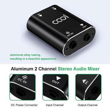 Cooidea 2 Channel Stereo Audio Mixer - Metal Shell, AUX Interface Support 2 In 1 Out Mini Stereo Sound Mixer Includes 1-Meter Audio Cables - For PC, Phone, Laptop, Headphones