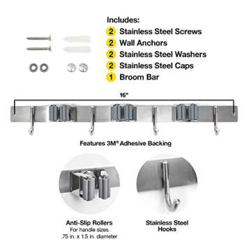 Broom Bar by Wrap-It Storage - Broom Holders with Hooks - Mop and Broom Holder Wall Mount for Storage Under Your Laundry Shelf or Garage for Easy Home Organization