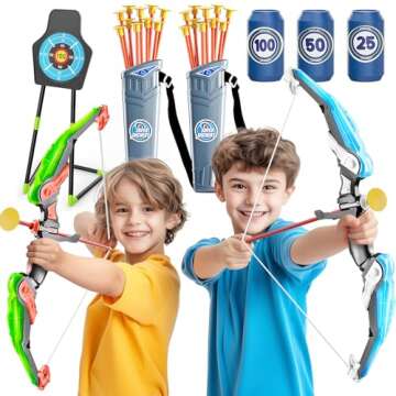 EagleStone 2 Pack Kids Bow and Arrow with LED Light,Archery Set with Standing Target for Kids, Bow and Arrow Toys for Kids 4-6 6-8 8-12,Outdoor Games Toys for Kids Boys Girls