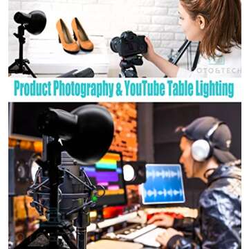 Foto&Tech Table Top Fluorescent Lamp Studio Lighting Kit 110V, 42W CFL Daylight Spiral Bulb 6500K with Metal Light Stand Tripod for Photography YouTube Video (2 Pieces)