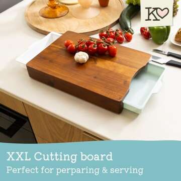 Kristie's Kitchen Wood Cutting Board – Meal Prep Station With Pull Out Trays For Easy Food Prep, Storage & Clean Up – Wooden Non Slip Prep Deck – Serving Board - 100% Acacia Kitchen Cutting Board