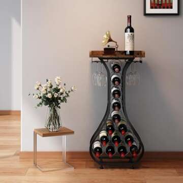 X-cosrack Wine Rack Freestanding Floor, Mini Bar Table Wine Holder Stand Liquor Cabinet with Glass Holder Wood Tabletop 14 Bottles Floor Wine Storage for Home Bar Kitchen Living Room (Patent Pending)