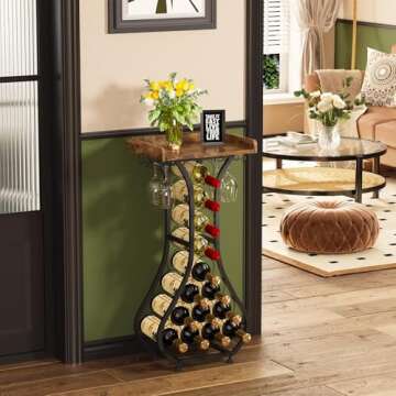 X-cosrack Wine Rack Freestanding Floor, Mini Bar Table Wine Holder Stand Liquor Cabinet with Glass Holder Wood Tabletop 14 Bottles Floor Wine Storage for Home Bar Kitchen Living Room (Patent Pending)