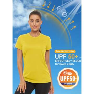 MAGCOMSEN UPF Shirt for Women Swim Tops Yellow Rash Guard Fishing Shirts Outdoor Sports Tops Workout Clothing Sun Protective Shirts Short Sleeve,S