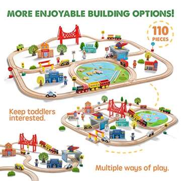 Tiny Land Train Set 110pcs Wooden Train Set, Toy Train for Boys & Girls with Wooden Train Track, Wooden Toys for 3-7 Years Old Toddlers & Kids, Railway Set Christmas Toys for Kids