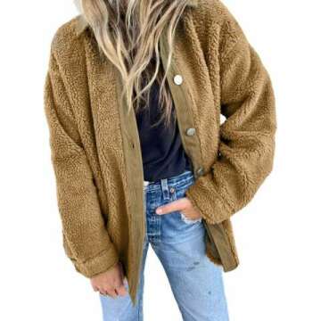 Dokotoo Womens Winter Coats Fleece Turn-down Collar Button Down Long Sleeve Sherpa Jackets with Pockets