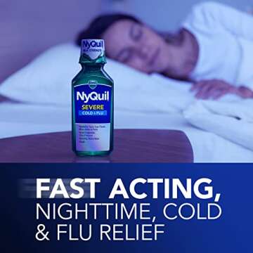 Vicks NyQuil SEVERE Cold and Flu Relief Liquid Medicine, Maximum Strength, 9-Symptom Nighttime Relief For Headache, Fever, Sore Throat, Nasal Congestion, Sinus Pressure, Runny Nose, Cough, (Pack of 2)