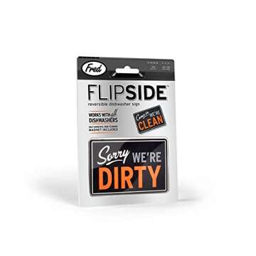 Genuine Fred FLIPSIDE Dishwasher Sign, Double-Sided, Works on all ALL Dishwashers, Self-Adhesive Magnet Included, Durable & Water Resistant, Fun Kitchen Gadget for Families and Roommates, 2.5" x 3.5"