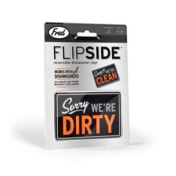 Genuine Fred FLIPSIDE Dishwasher Sign, Double-Sided, Works on all ALL Dishwashers, Self-Adhesive Magnet Included, Durable & Water Resistant, Fun Kitchen Gadget for Families and Roommates, 2.5" x 3.5"