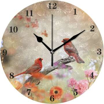 susiyo Silent Round Wall Clock Battery Operated Bird Cardinals Acrylic Creative Decorative Wall Clock for Kids Living Room Bedroom Office Kitchen Home Decor