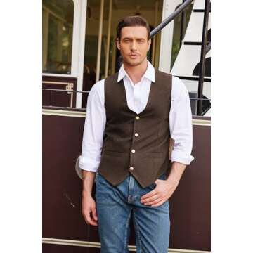 COOFANDY Men's Slim Fit Suede Leather Suit Vest - Casual Western Style