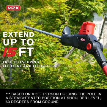 MZK 20V MAX 22.4-inch Cordless Pole Hedge Trimmer Attachment, 8-Feet Reach, Electric Hedge Trimmer with Extension Pole, Multi-Angle (Battery and Charger Included)