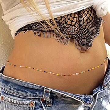 Cosydays Sexy Waist Chain Gold Colorful Beads Body Chain Beaded Belly chain Beach Bikini Chains Summer Body Chain Jewelry for Women and Girls