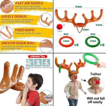 24 Pieces Inflatable Reindeer Antlers Toss Game, Christmas Party Antler Hat Games for Kids Adults Family Indoor Outdoor Carnival Xmas Games(4 Antlers 16 Rings 4 Red Reindeer Nose)