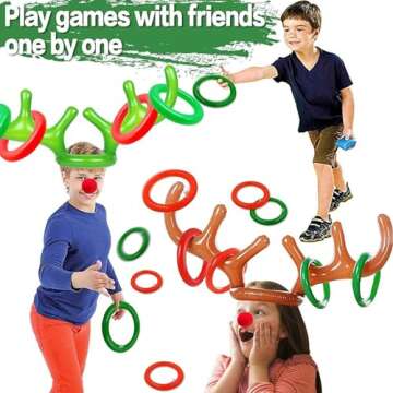 24 Pieces Inflatable Reindeer Antlers Toss Game, Christmas Party Antler Hat Games for Kids Adults Family Indoor Outdoor Carnival Xmas Games(4 Antlers 16 Rings 4 Red Reindeer Nose)