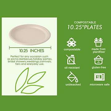 Vplus 150 Pack Compostable Disposable Paper Plates 10 inch Super Strong 100% Bagasse Natural Biodegradable Eco-Friendly Sugarcane Plates(nature)