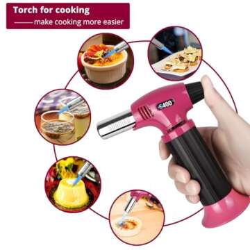 Sondiko Butane Torch Lighter S400, Refillable Kitchen Torch with Safety Lock and Adjustable Flame for Desserts, Creme Brulee, and Baking, ‎Pink&Black