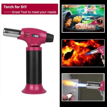 Sondiko Butane Torch Lighter S400, Refillable Kitchen Torch with Safety Lock and Adjustable Flame for Desserts, Creme Brulee, and Baking, ‎Pink&Black