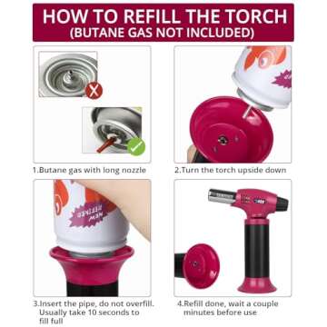 Sondiko Butane Torch Lighter S400, Refillable Kitchen Torch with Safety Lock and Adjustable Flame for Desserts, Creme Brulee, and Baking, ‎Pink&Black