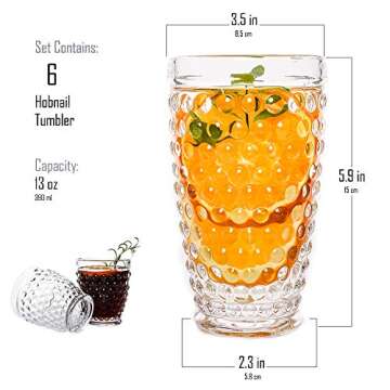 G Hobnail Glassware 6 Set Old Fashioned Iced Beverage Drinking Glasses, 13.3 oz Premium Tall Highball Water Glasses Cups For Juice Cocktail Mojito Wine,Beer, Tea, Mixed Drinkware,Parties Restaurants