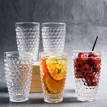 G Hobnail Glassware 6 Set Old Fashioned Iced Beverage Drinking Glasses, 13.3 oz Premium Tall Highball Water Glasses Cups For Juice Cocktail Mojito Wine,Beer, Tea, Mixed Drinkware,Parties Restaurants